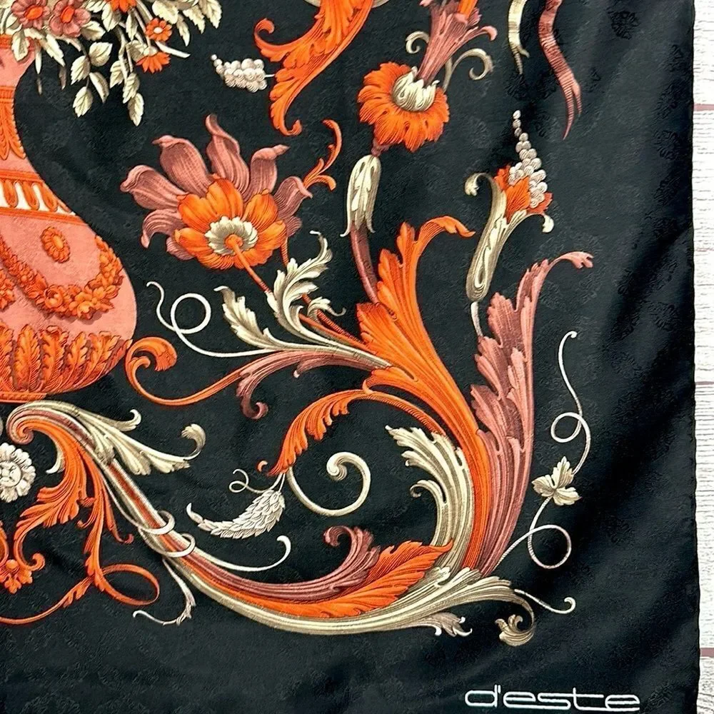 Marina D’Este Silk Scarf Black Burnt Orange Floral Hand Rolled
